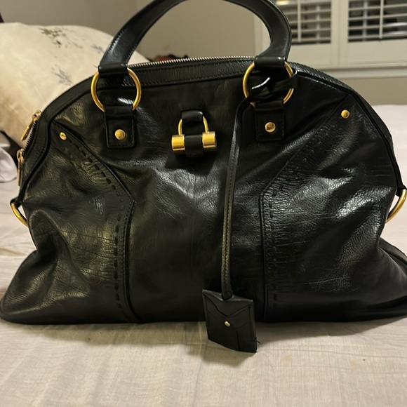 Gently used YSL black leather satchel bag with gold toggle - Picture 1 of 4